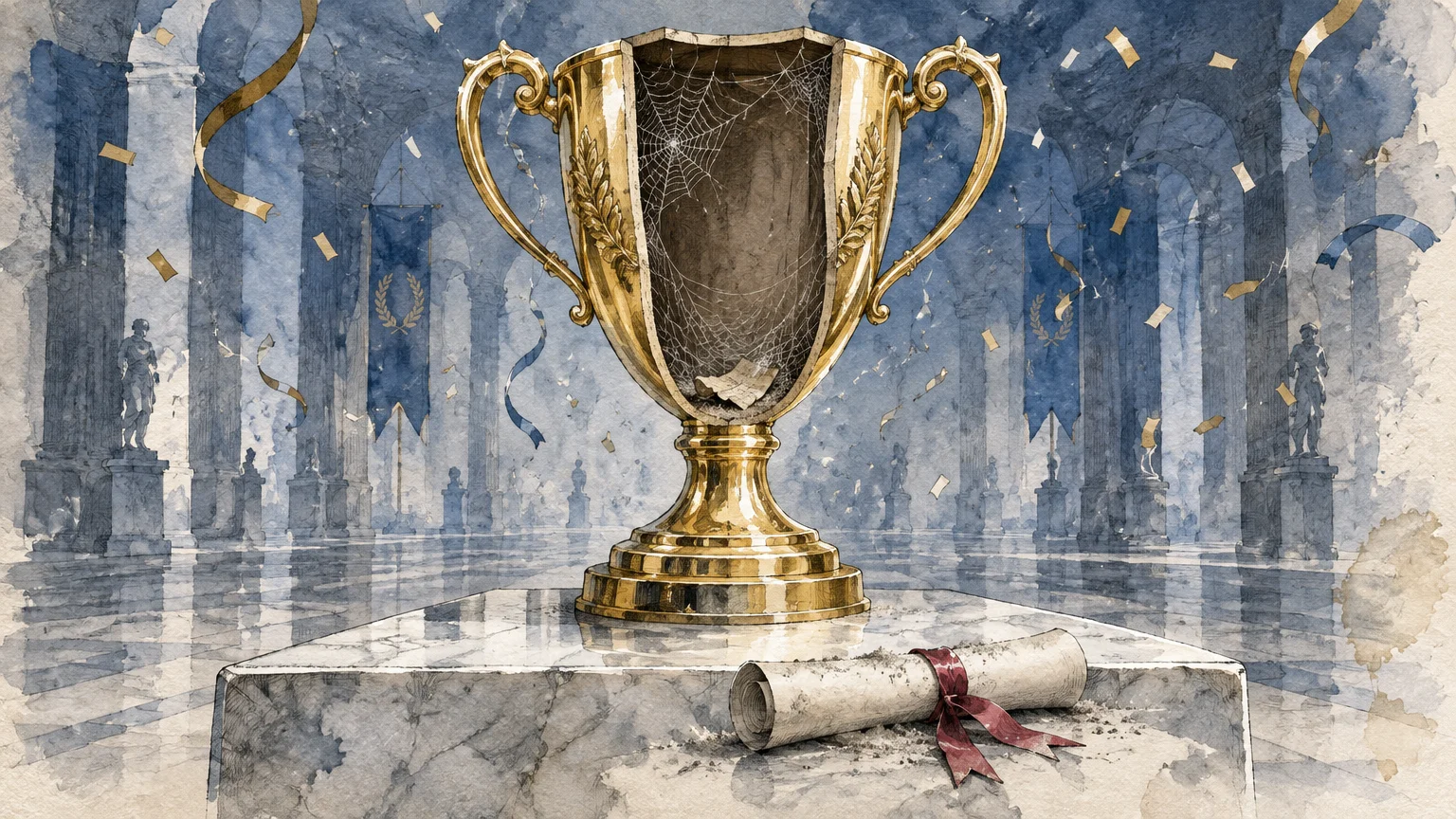 Watercolor illustration of a cracked gold trophy filled with spiderwebs beside a rolled diploma on a marble pedestal.