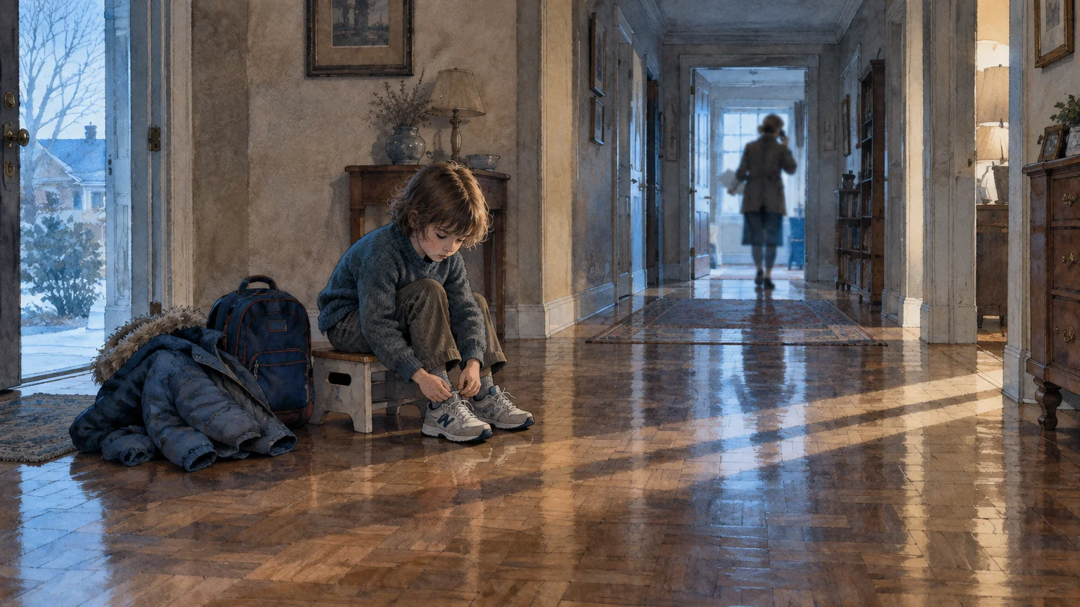 Illustration of a young child tying shoes alone in a hallway while an adult walks away in the background.