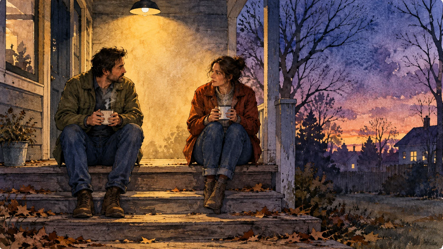 A man and woman holding mugs sit on wooden porch steps under an overhead lamp during sunset.