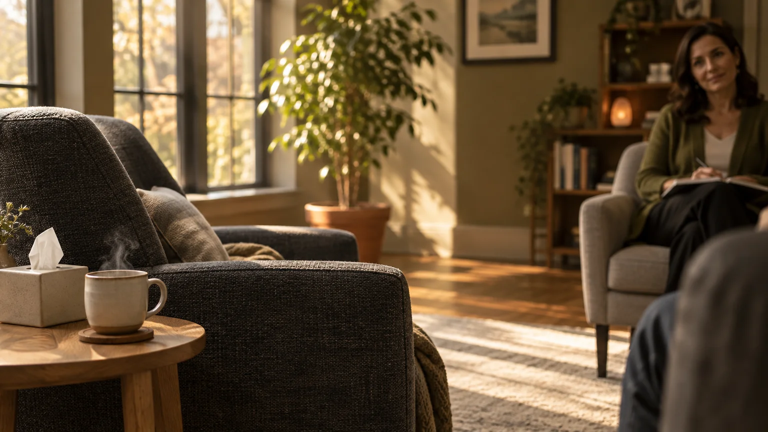 Sunlit therapy office with an armchair, steaming mug on a side table, and a counselor taking notes in the background.