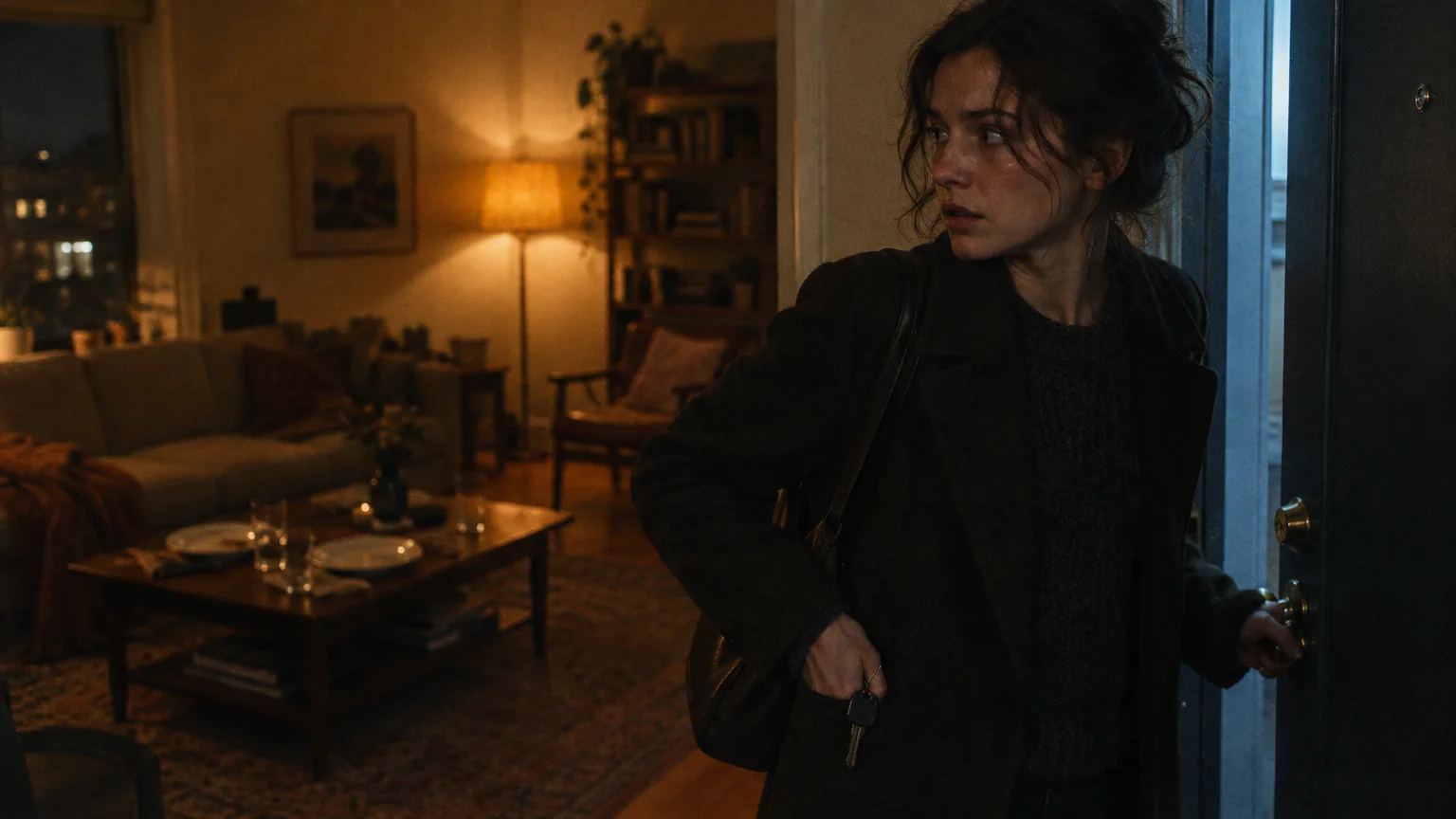 A woman in a dark coat holds apartment keys in her pocket while opening a door and looking back anxiously.