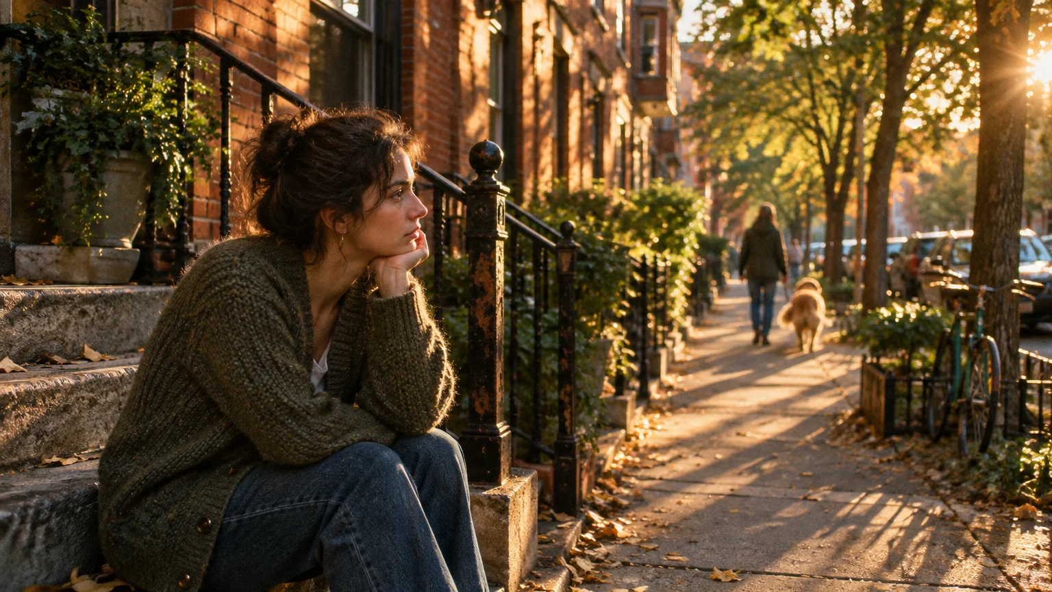 A woman in a green cardigan sits thoughtfully on stone townhouse steps along a sunlit city sidewalk in autumn.