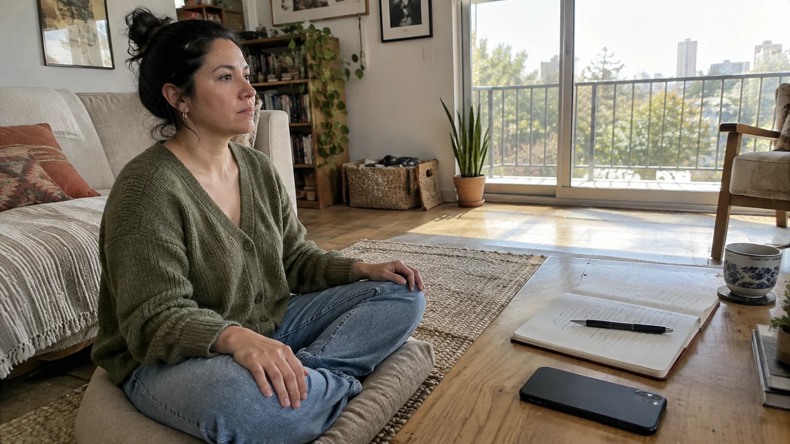 Woman sits cross-legged on a floor cushion near a coffee table with an open journal, pen, and phone in a living room.