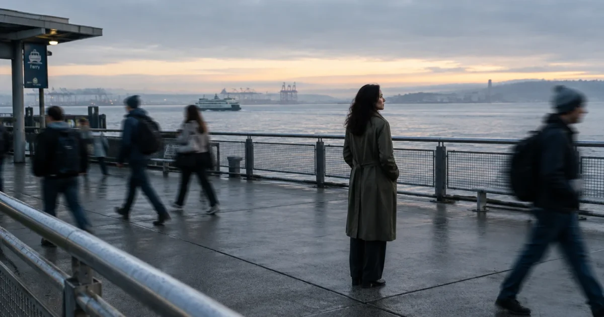 Woman in a trench coat standing on a wet waterfront ferry pier overlooking the water as commuters walk past.
