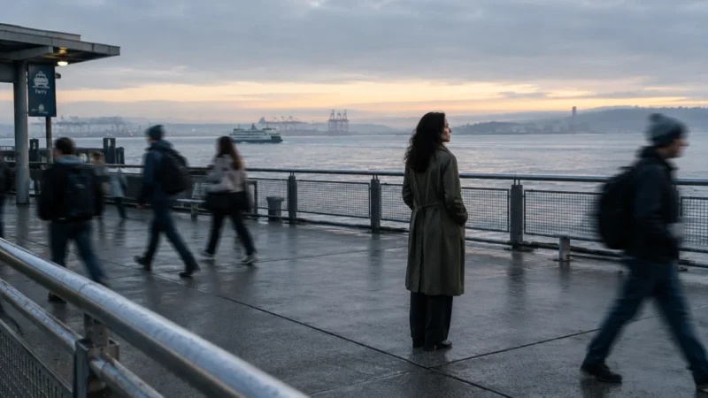 Woman in a trench coat standing on a wet waterfront ferry pier overlooking the water as commuters walk past.