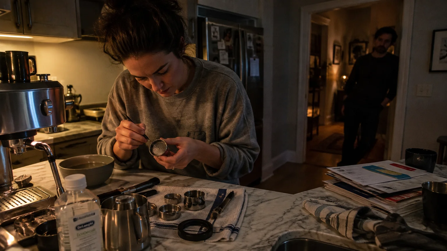 A woman cleans espresso machine parts at a kitchen counter while a man watches from a doorway in the background.