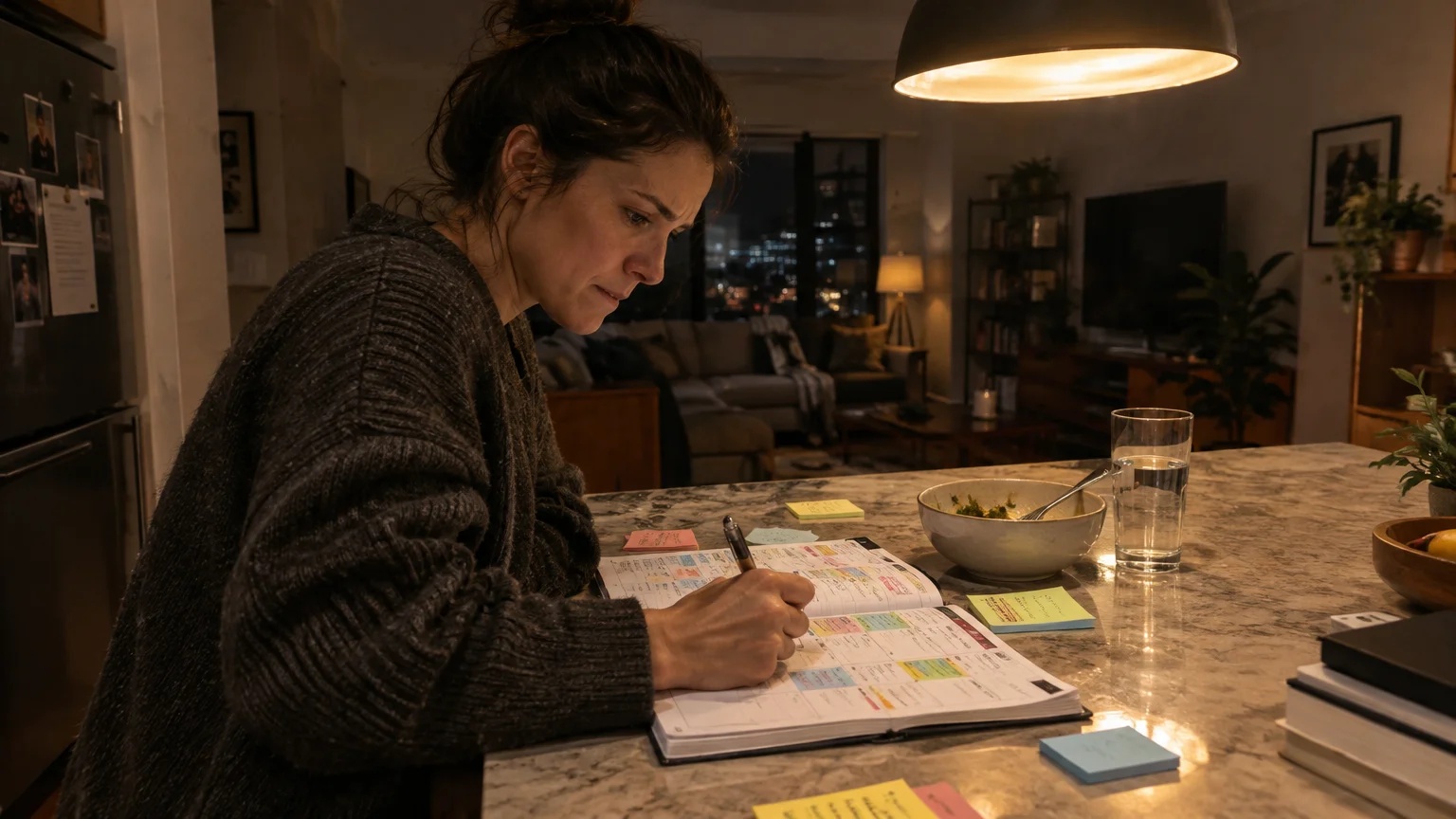 A woman sits at a kitchen counter late at night, writing intently in an open planner under a pendant light.