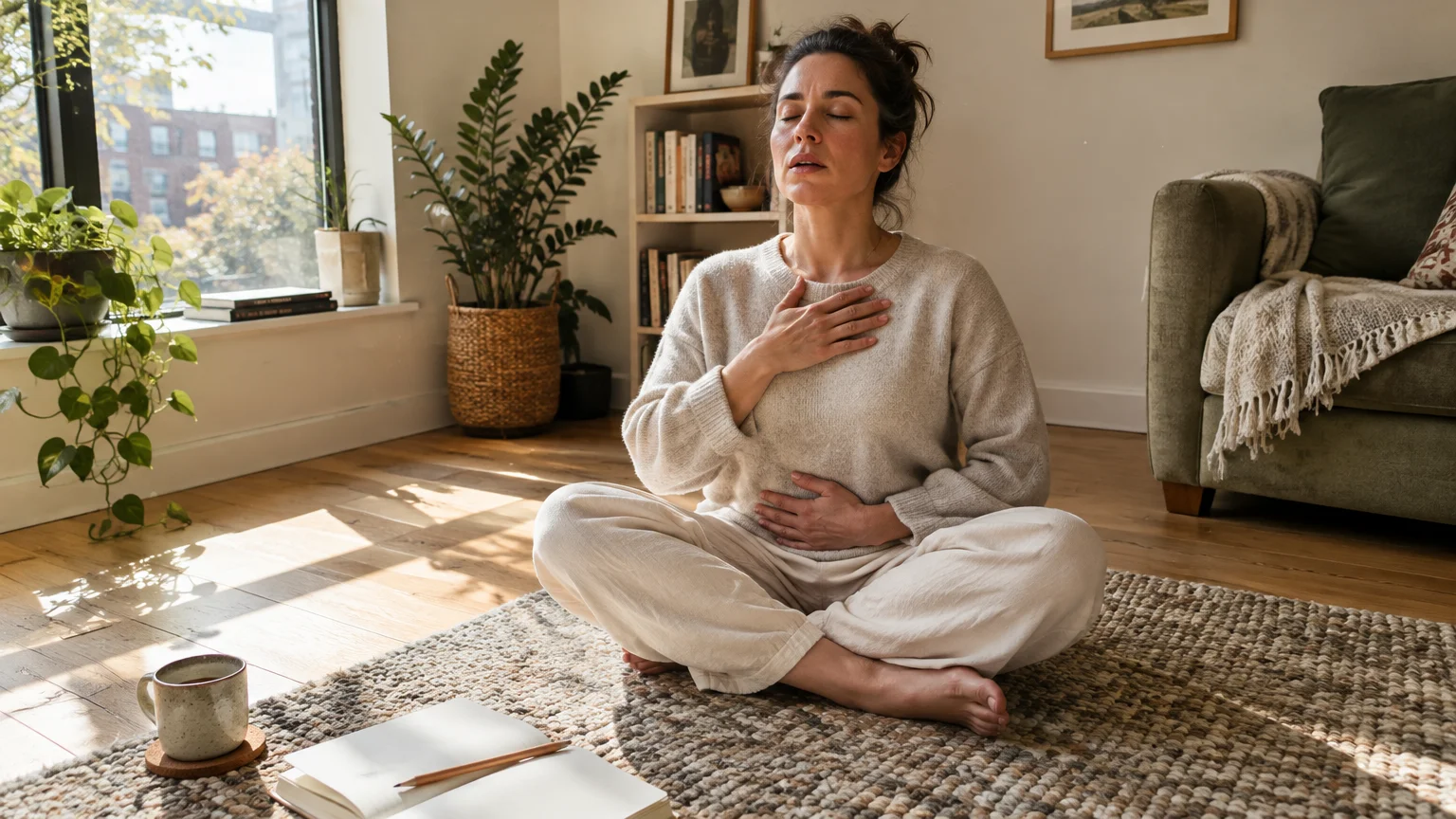 Woman sitting cross-legged on a living room rug with eyes closed and hands resting on her chest and stomach.
