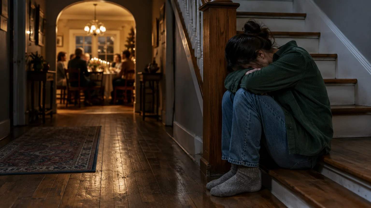 Woman sitting curled up on wooden stairs with head down, while a family gathers for dinner down the hallway.