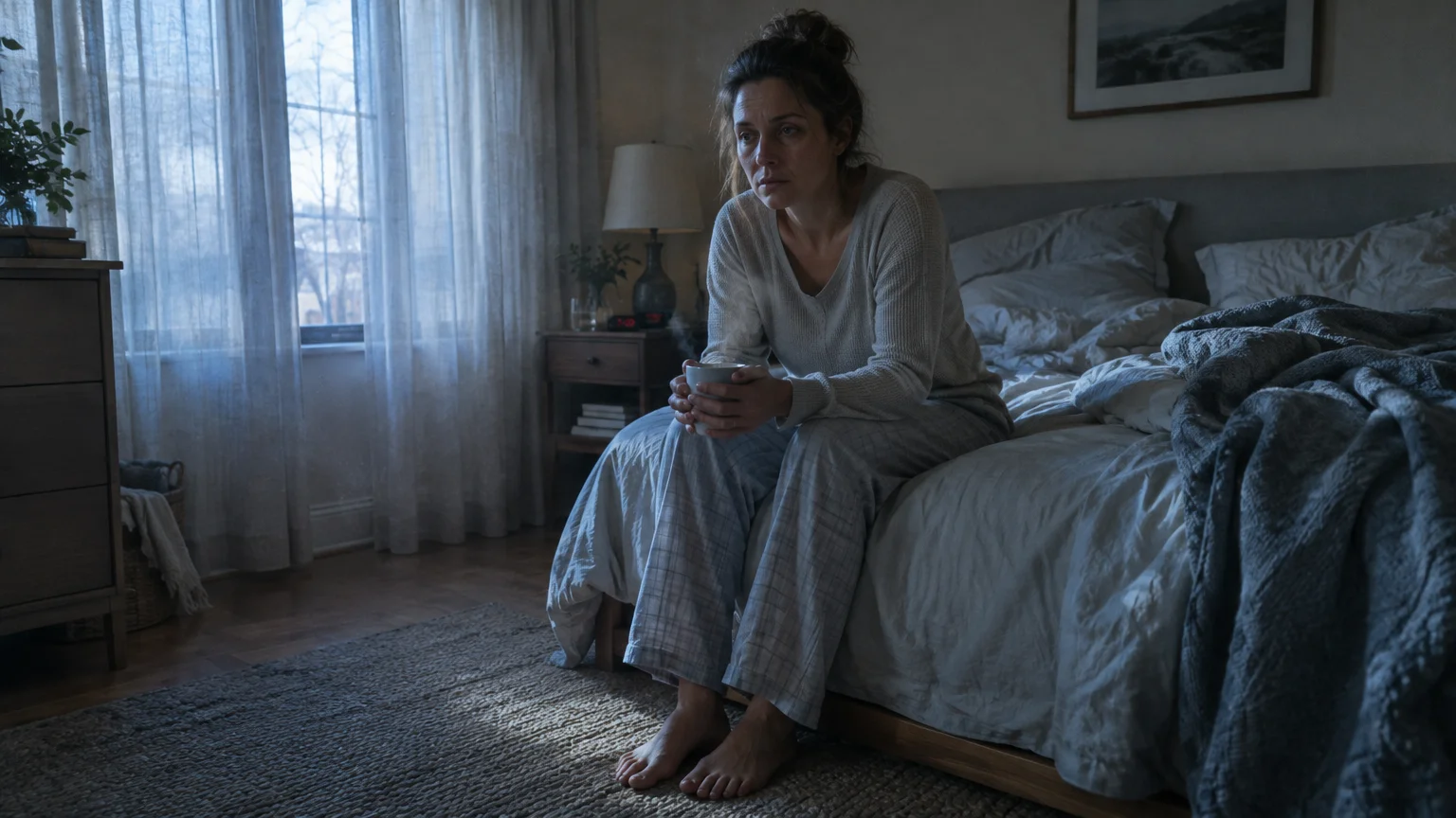 A weary woman in pajamas sits on the edge of an unmade bed, holding a steaming mug in a dimly lit bedroom.