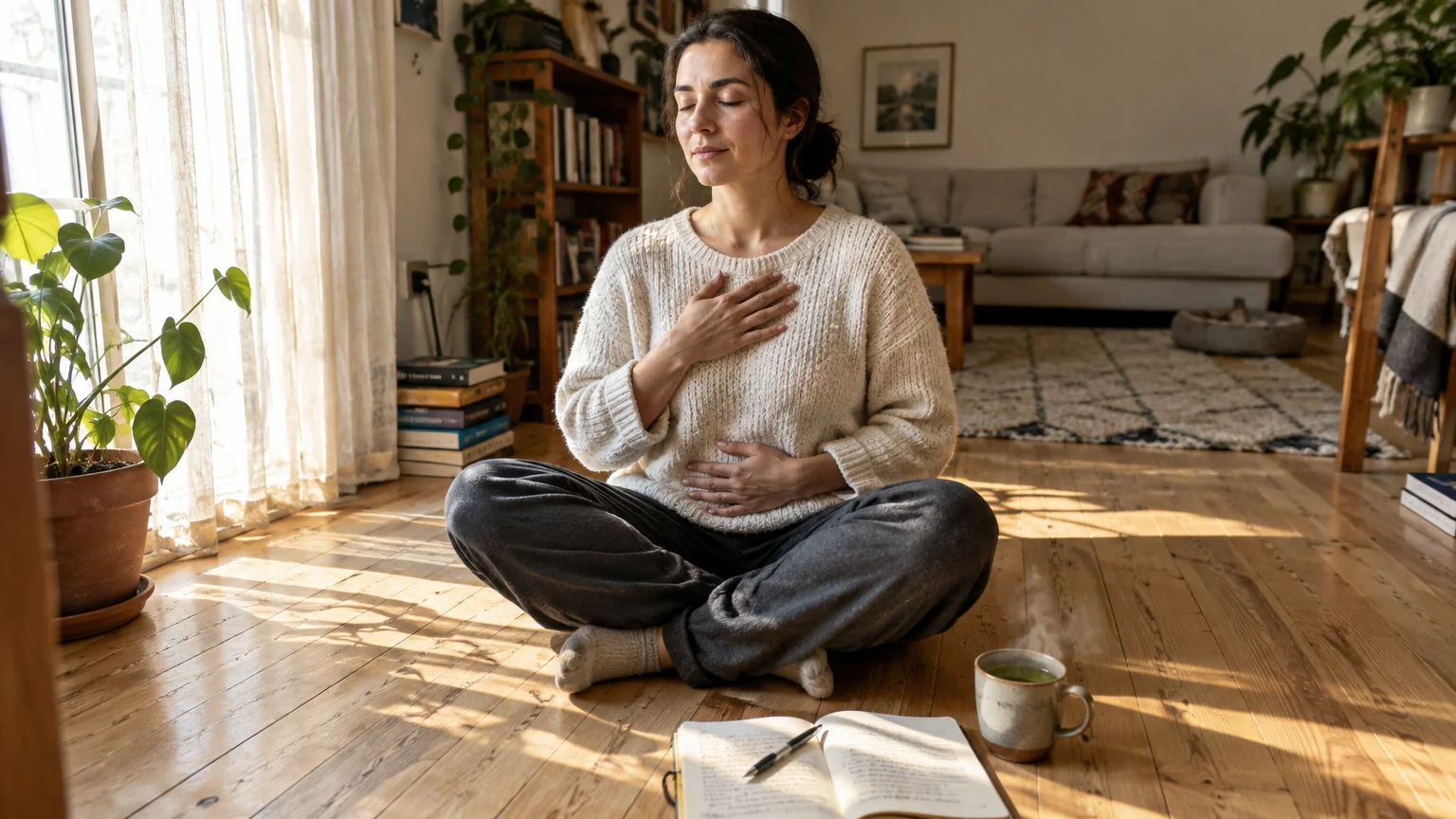 Woman sitting cross-legged on a wood floor with eyes closed, placing hands on her chest and stomach near an open notebook.