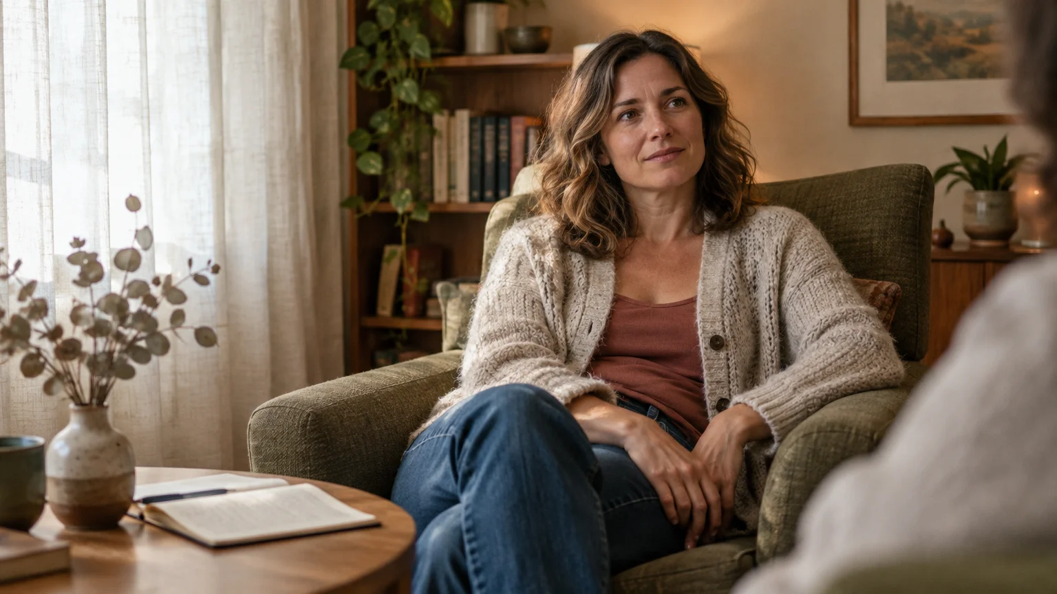 A smiling woman in a beige cardigan sits in an armchair listening during a therapy session.