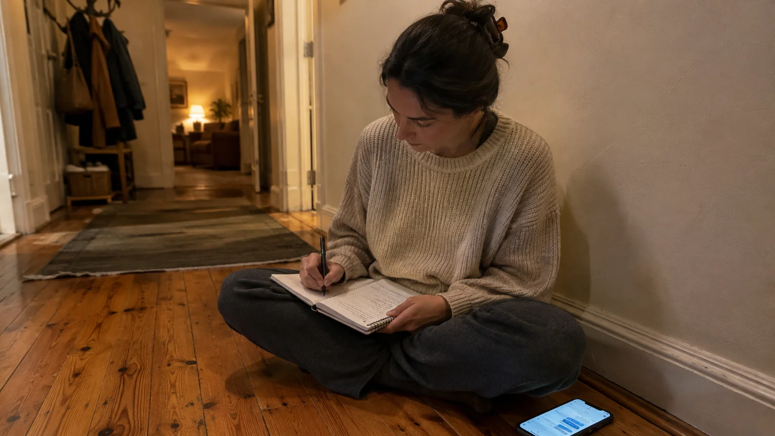 A woman sitting cross-legged on a wooden floor in a hallway, writing in a spiral notebook with a phone nearby.