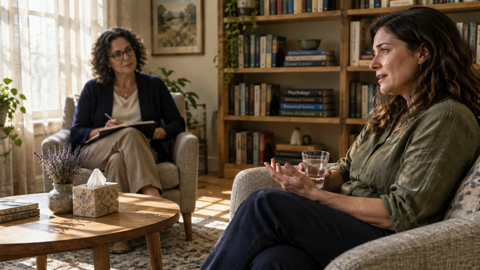 A woman holding a glass of water speaks to a therapist taking notes in an office with bookshelves.