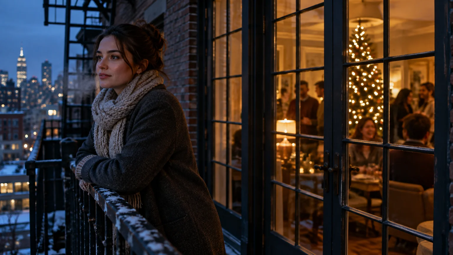 A woman in a winter coat stands on a balcony overlooking a city skyline outside a warm holiday party.