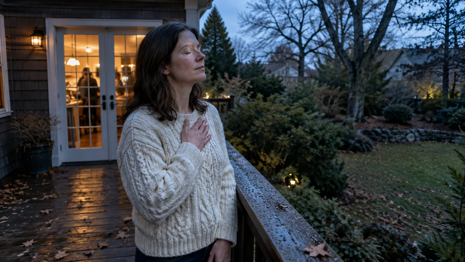 Woman in a knit sweater stands on an outdoor deck with eyes closed and hand over her heart in the evening.