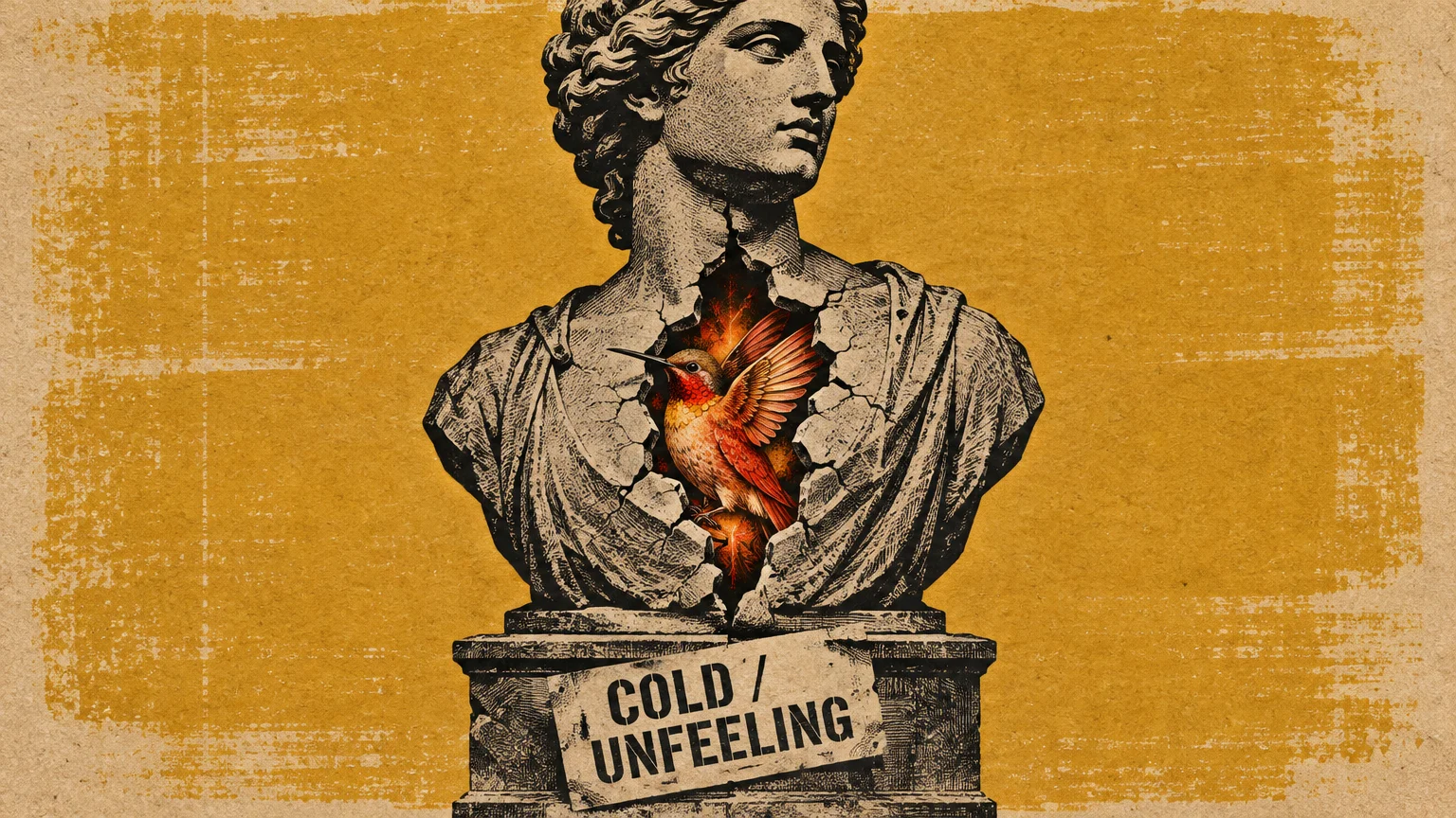 Classical marble bust labeled COLD / UNFEELING with a cracked chest revealing a glowing hummingbird on yellow background.