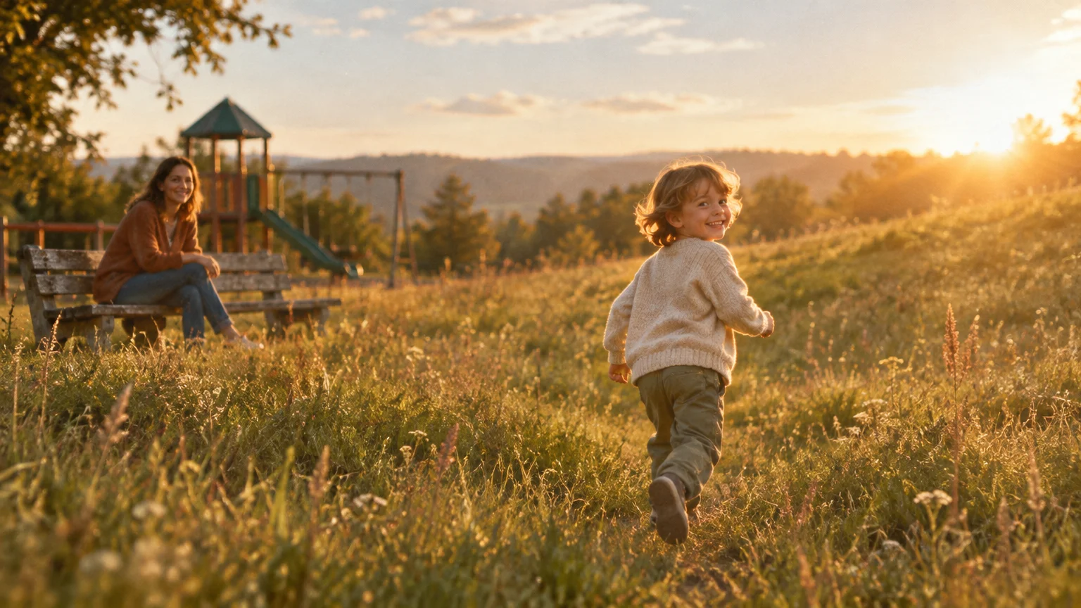 A young boy runs through a sunlit grassy field while a woman smiles from a park bench in the background.